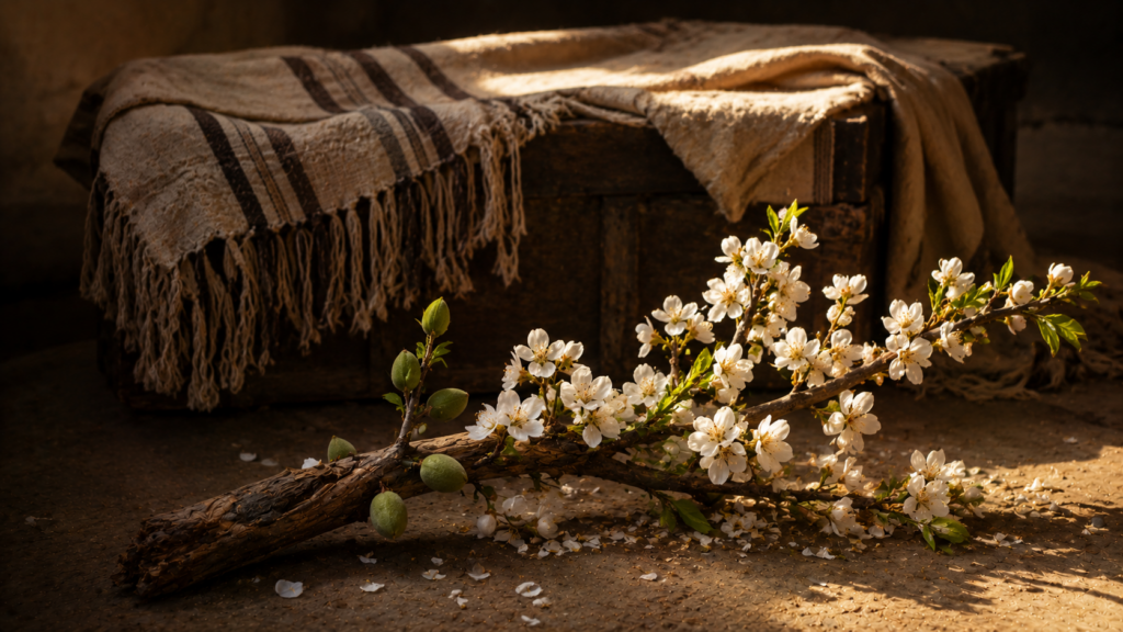 A bare staff blossoming with almond flowers and fruit before a chest, evoking Aaron's budding rod in Numbers 17