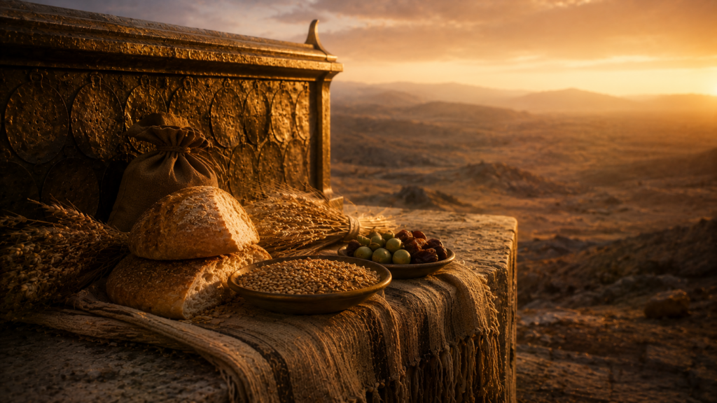 A priestly portion of food on a ledge near an altar with open land beyond, evoking the priests' portion in Numbers 18