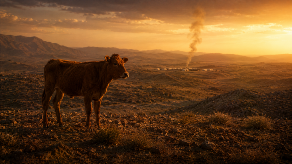 A reddish-brown heifer alone in the wilderness outside a camp at golden hour, evoking the red heifer of Numbers 19