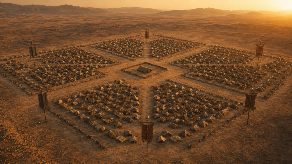 A camp arranged in four quadrants around a central tent, each marked by a standard, evoking Numbers 2