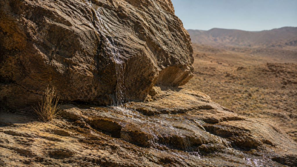 Water streaming from a weathered rock in a dry wilderness, evoking Meribah in Numbers 20