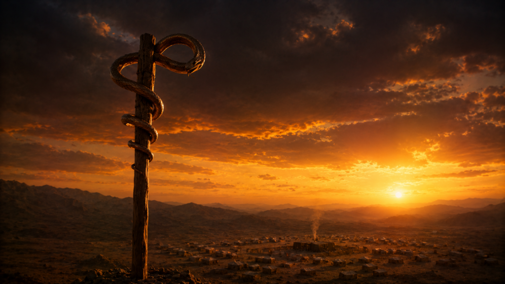 A bronze serpent on a tall pole silhouetted against a dusk sky over a desert camp, evoking Numbers 21
