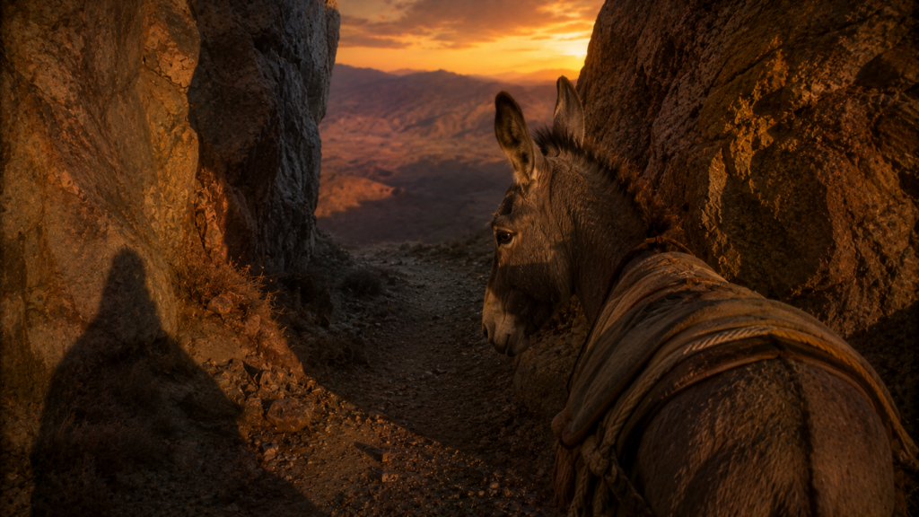 A donkey halted on a narrow path sensing an unseen presence, evoking Balaam's donkey in Numbers 22