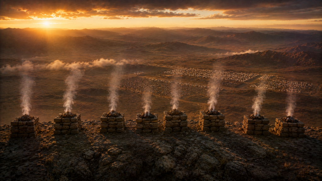 Seven smoking stone altars on a high ridge overlooking a valley camp at dawn, evoking Balaam's altars in Numbers 23
