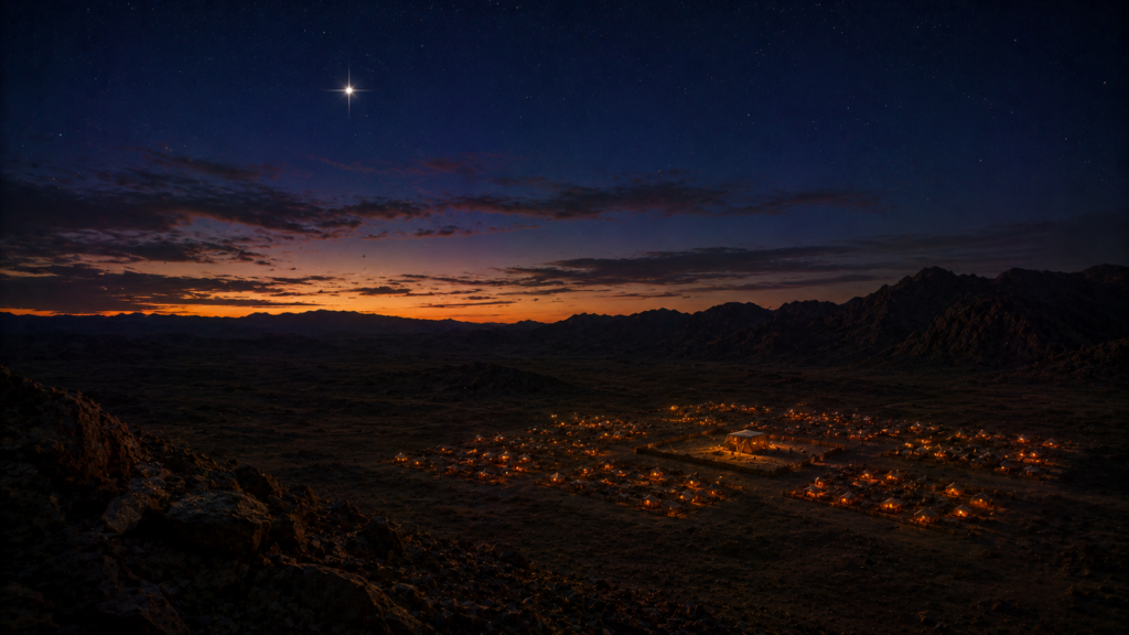 A single bright star rising over a desert camp at dusk, evoking the Star of Jacob in Numbers 24:17