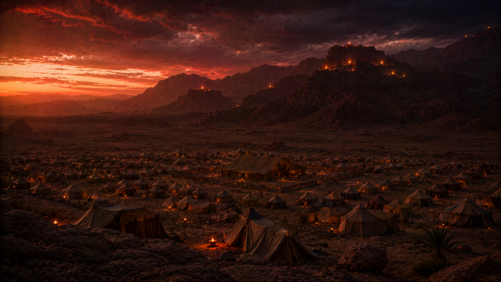 A desert camp at dusk below Moabite hills with high-place fires glowing above, evoking Baal-Peor in Numbers 25
