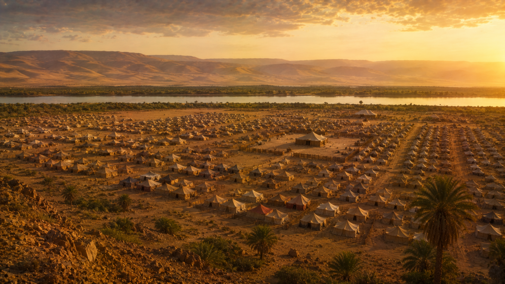 A new encampment on the plains of Moab with the Jordan and Canaan visible across the water, evoking the second census in Numbers 26