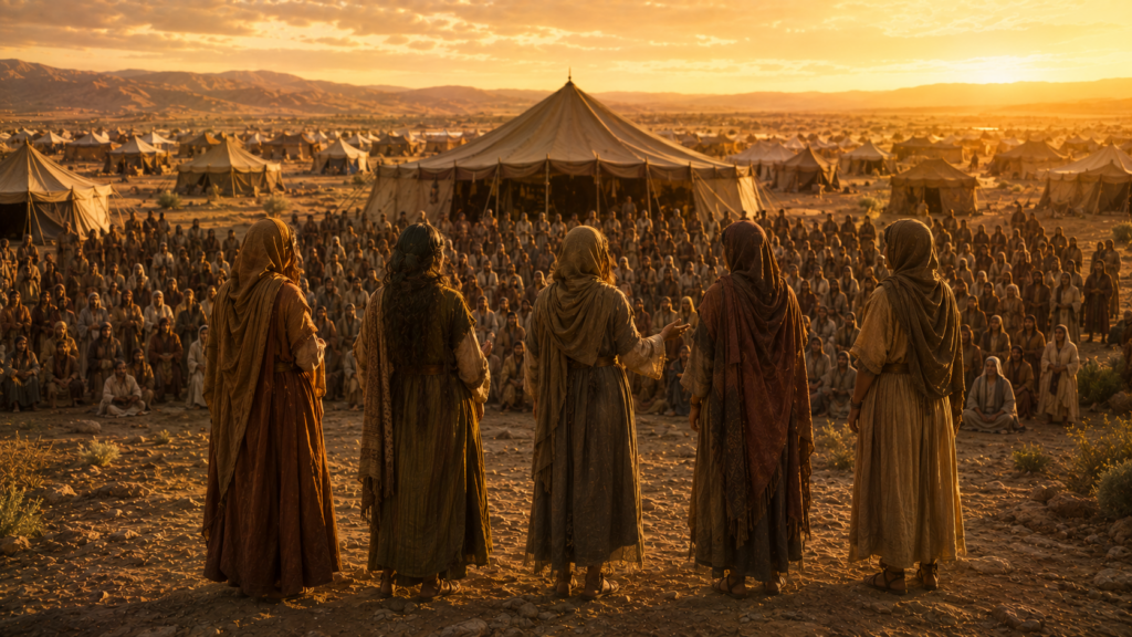 Five figures standing together before an assembly and a central tent, evoking the daughters of Zelophehad in Numbers 27