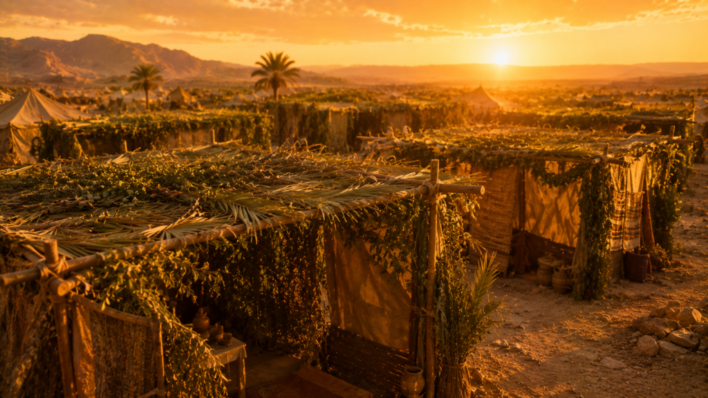 Leafy booths with branch roofs in a settlement at golden hour, evoking the Feast of Tabernacles in Numbers 29