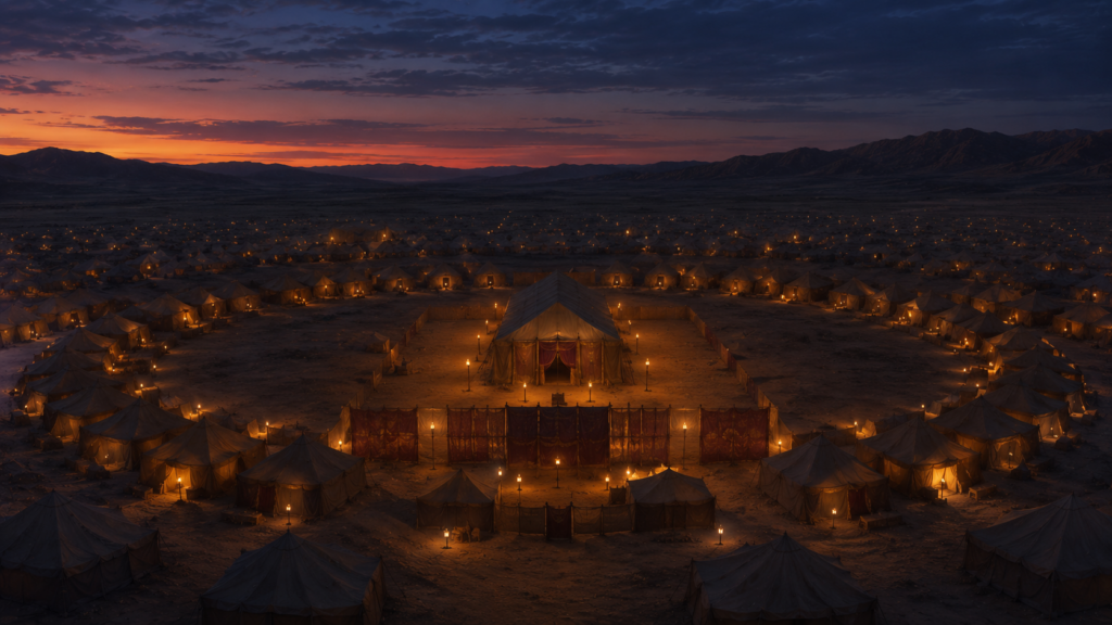 Levite tents pitched close around a central tent at dusk, evoking the Levites' service in Numbers 3