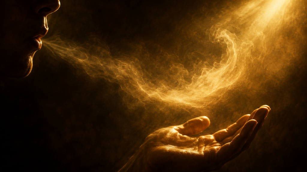 A wisp of breath in golden light, evoking the binding power of a spoken vow in Numbers 30