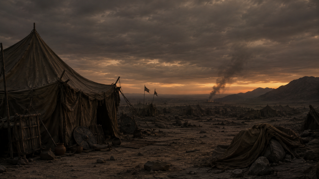 A sober, quiet desert camp at dusk after a campaign under a heavy sky, evoking the aftermath of Numbers 31
