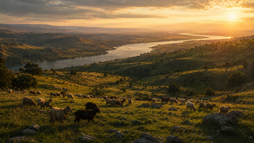 Green grazing land with flocks east of a river valley at golden hour, evoking the Transjordan settlement in Numbers 32