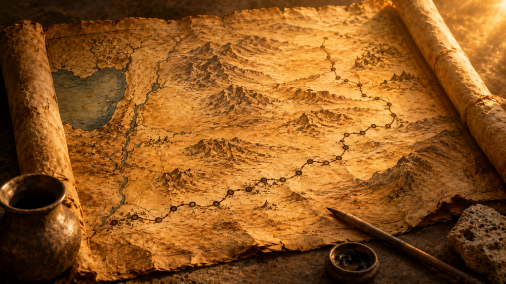A weathered scroll-map showing a winding route with many marked stages, evoking the itinerary of Numbers 33