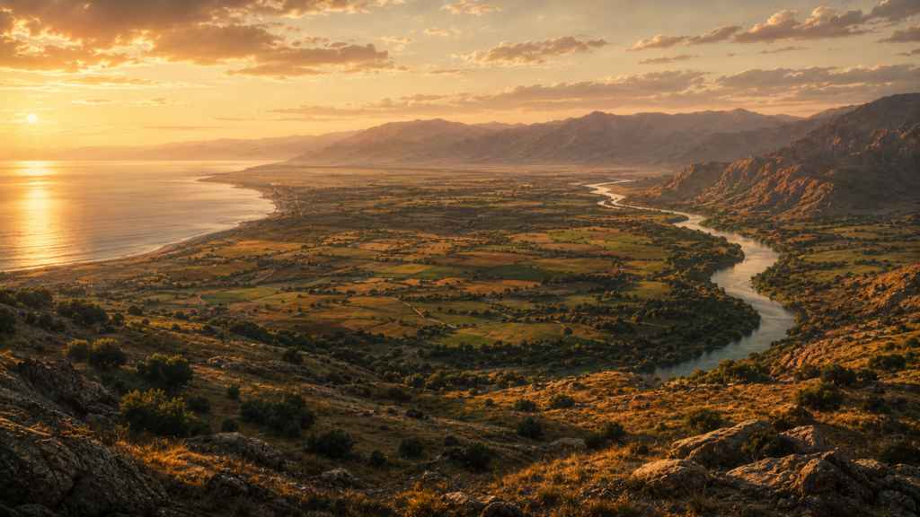 A wide vista of the land with sea, river, and hills marking its edges at golden hour, evoking the boundaries of Numbers 34