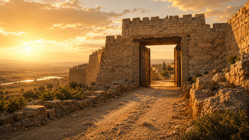 An open city gate with a road leading to it at golden hour, evoking the cities of refuge in Numbers 35