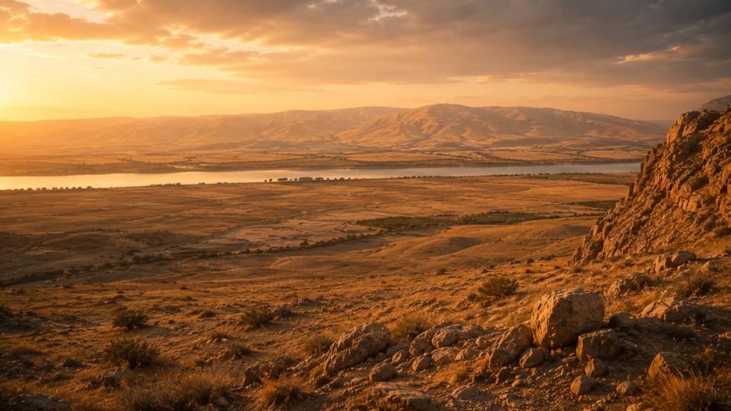 The plains of Moab at golden hour with the Jordan and the hills of Canaan beyond, evoking the close of Numbers on the threshold