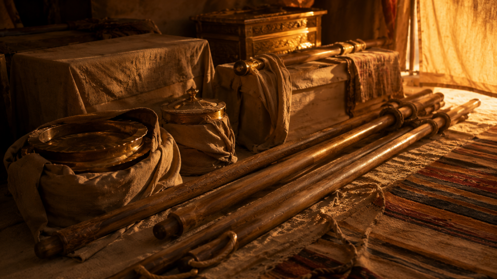 Carrying poles beside cloth-wrapped sacred objects in a tent, evoking the Kohathites' burden in Numbers 4