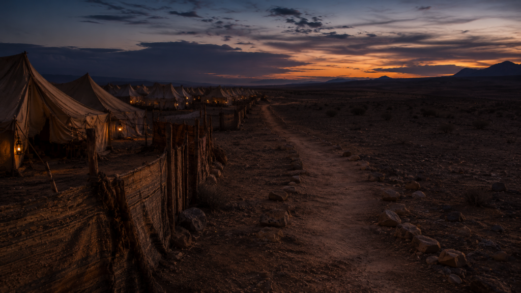 The edge of a wilderness camp at dusk with a path leading into open desert, evoking the camp's purity in Numbers 5