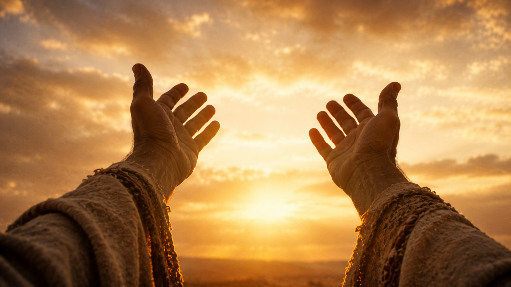 Hands raised in blessing against a dawn sky, evoking the priestly blessing of Numbers 6