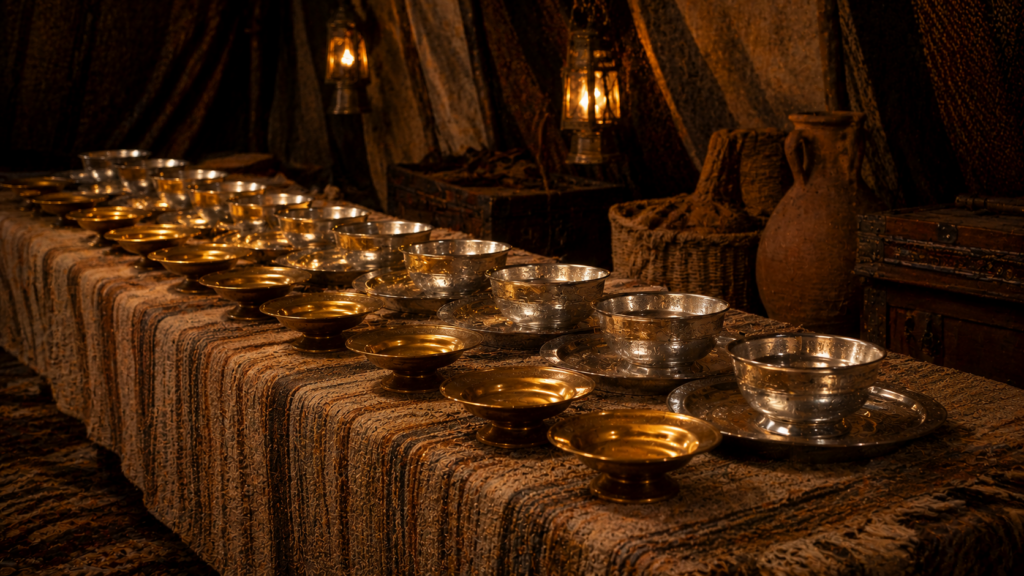 Twelve identical silver and gold vessels arranged in a row, evoking the leaders' gifts of Numbers 7