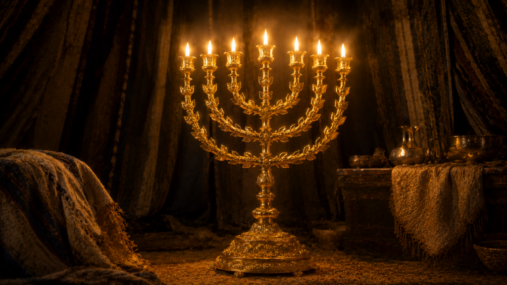 A golden seven-branched lampstand glowing in a dim tent, evoking the lampstand of Numbers 8