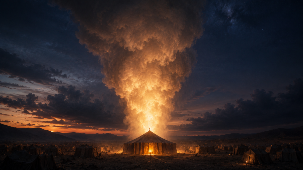 A pillar of cloud glowing over a central tent at twilight above a desert camp, evoking the guiding cloud of Numbers 9