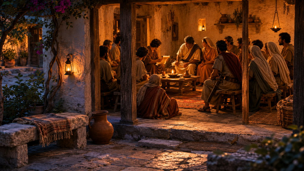 A modest 1st-century Roman provincial house at dusk with a household and house-church gathered around a low table in a lamp-lit reception room for the reading of a letter, evoking the Philemon house-church receiving the apostolic appeal
