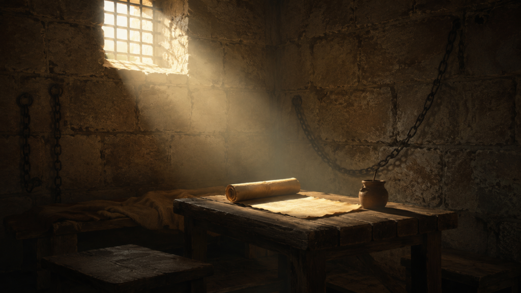 A small ancient stone prison room with a barred window, golden light, and a low wooden writing-desk with a scroll and inkwell, evoking Paul writing Philippians from chains