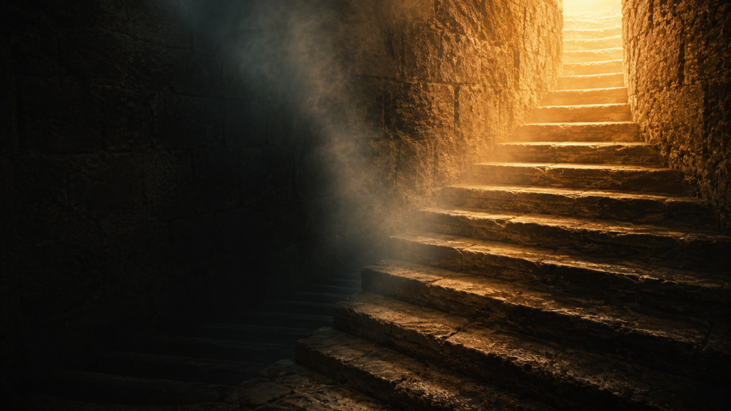 A stone staircase descending into shadow on one side and ascending into golden light on the other, evoking the kenosis hymn's descent and exaltation in Philippians 2