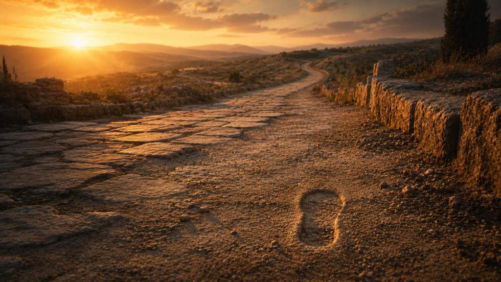 An ancient stone road winding away into golden distance with a runner's footprint in the dust, evoking Paul's "I press on toward the goal" in Philippians 3