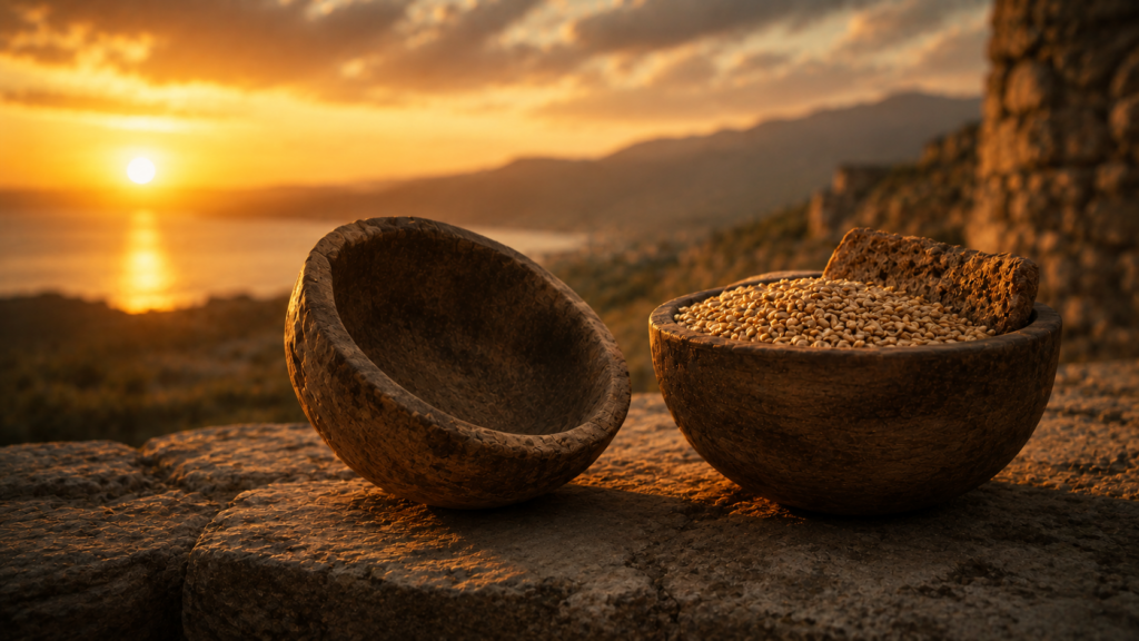 An empty wooden bowl beside a full one on a low stone surface at golden hour, evoking the contentment Paul has learned in any state in Philippians 4