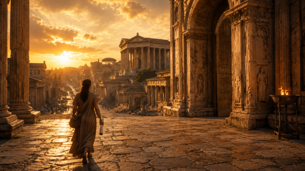 A messenger arriving with a scroll at a Roman city gate at golden hour, evoking the gospel's arrival in the imperial capital at Romans 1