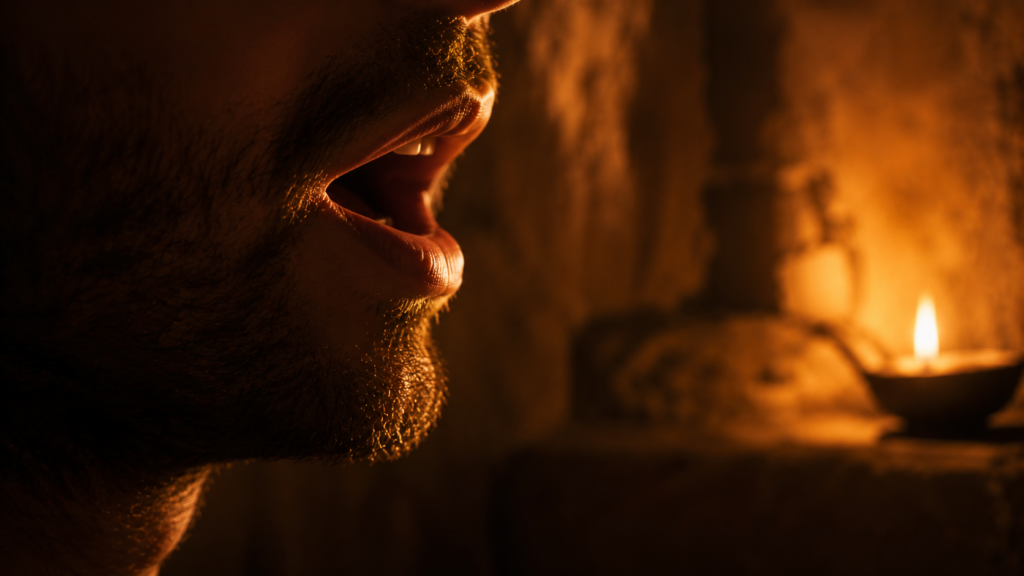 A close view of a mouth speaking at the edge of a softly-lit interior, evoking the confession Jesus is Lord at Romans 10:9
