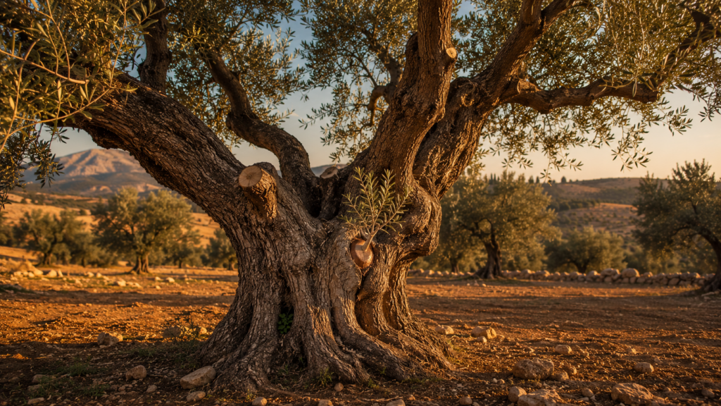 A cultivated olive tree at golden hour with broken and grafted branches, evoking the olive tree of Romans 11:17-24