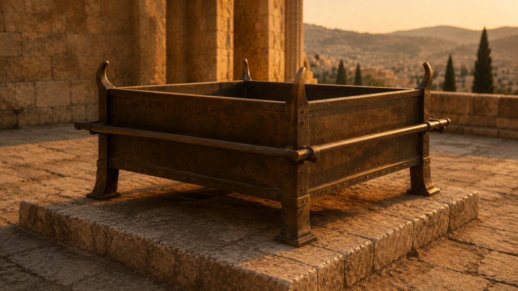 An ancient bronze altar at golden hour without offering, evoking the living sacrifice of Romans 12:1 awaiting the believer's body