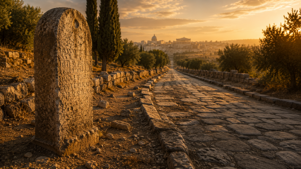 A Roman milestone beside an ancient stone road at golden hour, evoking the reluctant submission to governing authorities at Romans 13:1-7