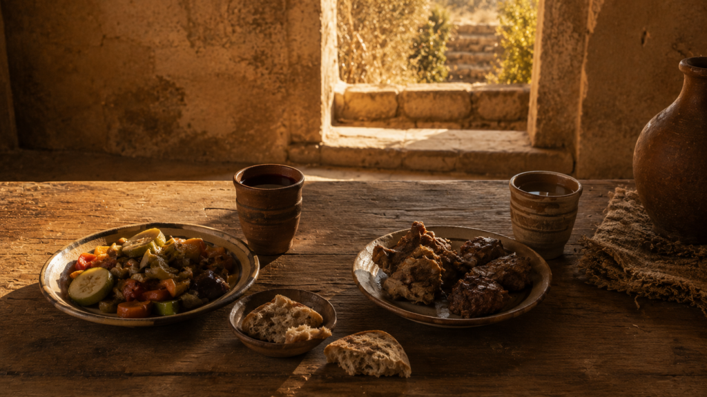 A table set with vegetables and meat side by side at golden hour, evoking the food dispute between the Strong and the Weak at Romans 14