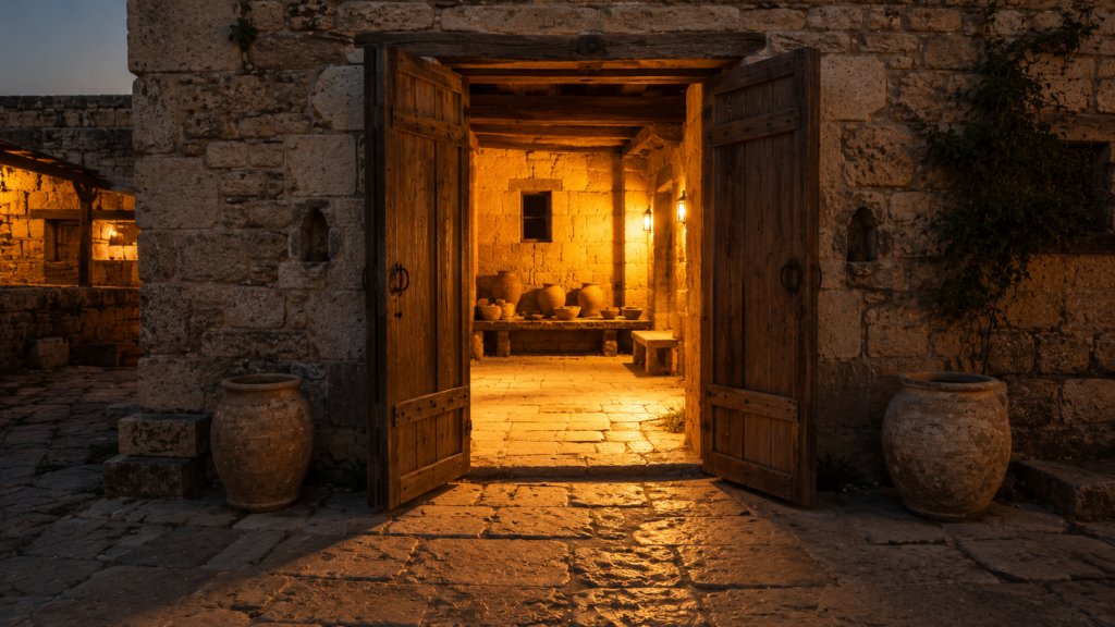 An open doorway with warm light spilling out at golden hour, evoking welcome one another as Christ welcomed you at Romans 15:7