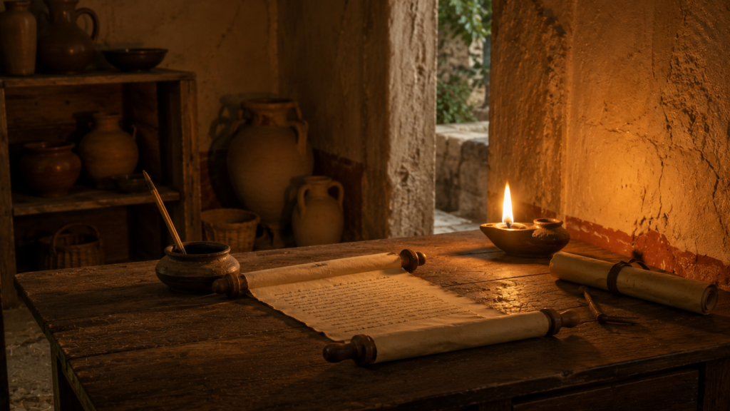 A Roman writing desk with a scroll, inkwell, and lamp at night, evoking Phoebe carrying the letter to the Roman house churches at Romans 16:1