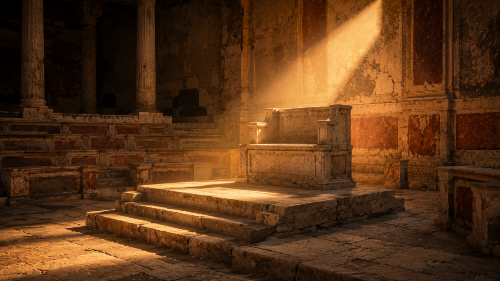 An empty Roman judicial platform at golden hour, evoking the judgment seat of God at Romans 2:6-11