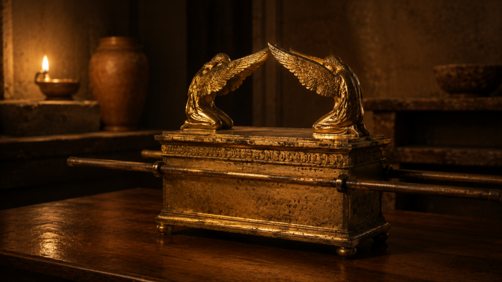 A mercy seat with cherubim arching over it in lamplight, evoking the hilastērion of Romans 3:25