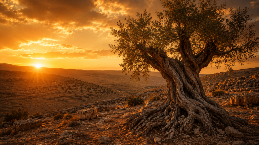 An ancient gnarled olive tree at golden hour in a desert landscape, evoking the patriarchal age and Abraham's faith