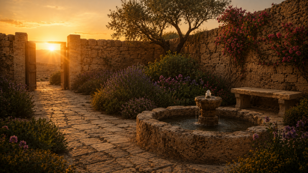 A still walled garden at dawn with an open gate, evoking the believer's peace with God and access to grace at Romans 5:1-2