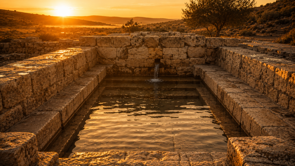 An ancient stone baptistery with flowing water at golden hour, evoking baptism into Christ's death at Romans 6:3