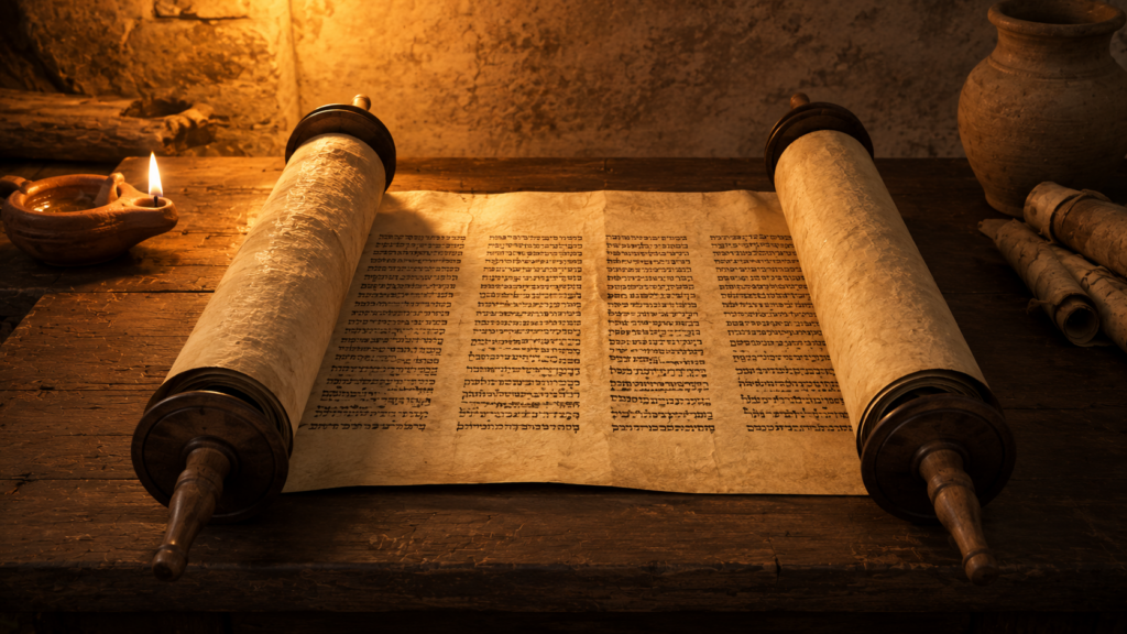 An open Torah scroll on a wooden table in lamplight, evoking the law as holy, righteous, and good at Romans 7:12