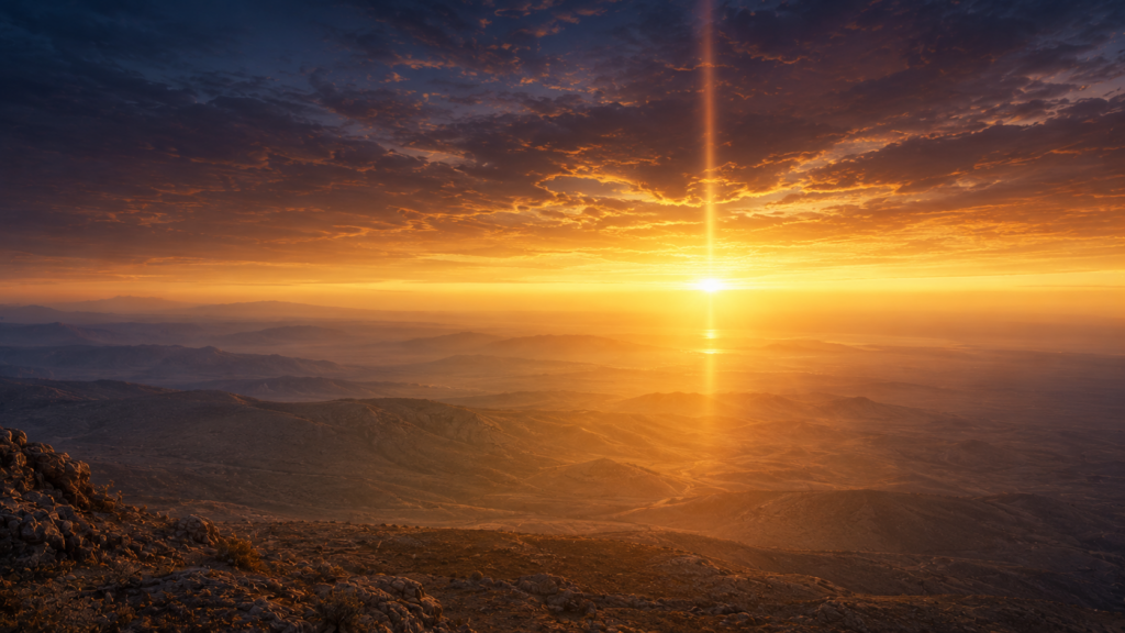 A sunrise over a vast landscape with a shaft of golden light descending, evoking no condemnation and the cosmic restoration of Romans 8