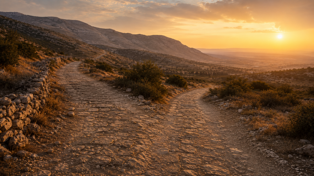 A road diverging into two paths at golden hour in a Mediterranean landscape, evoking the peoples-history of election at Romans 9