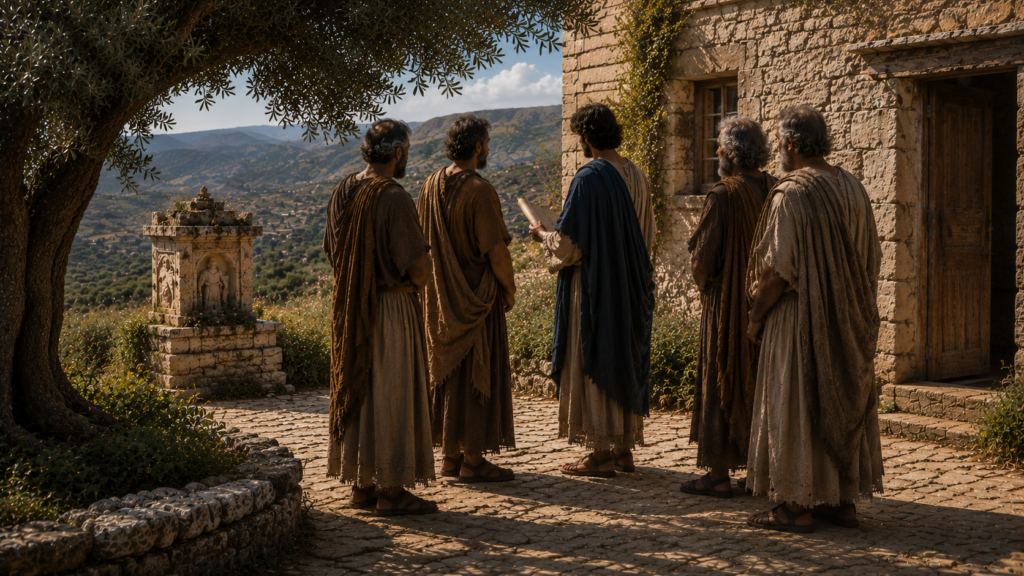 A small group of faceless mature men in 1st-century Greco-Roman dress gathered in the courtyard of a Cretan stone house around a younger figure holding a scroll, with an abandoned household-gods altar visible in the background, evoking the appointment of elders in every city in Titus 1:5