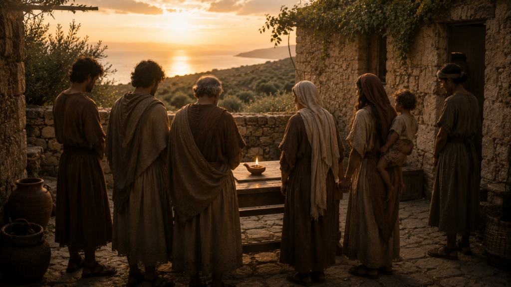 A small Christian household of mixed ages including a slave gathered around a wooden table at first light in a 1st-century Cretan stone courtyard, all turned toward a single oil-lamp flame, evoking the grace that has appeared bringing salvation to all in Titus 2:11